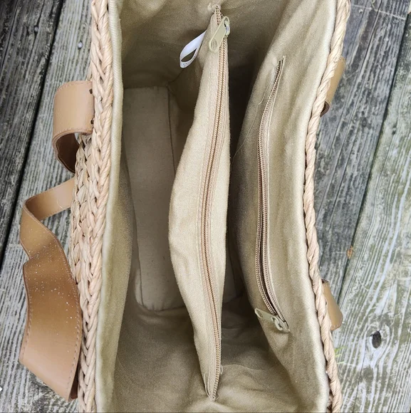 Woven Square Beach Tote Bag Straw Corn Husk Cotton Lined Natural Blue Pink - Picture 5 of 13